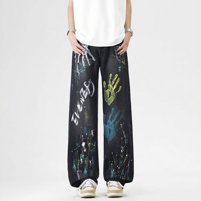 Men's Spring Two-Tone Palm Graffiti Wide Leg Denim Jeans