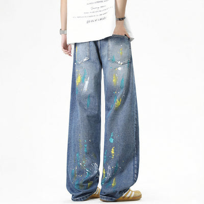 Men's Spring Two-Tone Palm Graffiti Wide Leg Denim Jeans