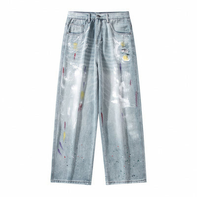 Men's Spring Washed Splatter Ripped Wide Leg Jeans