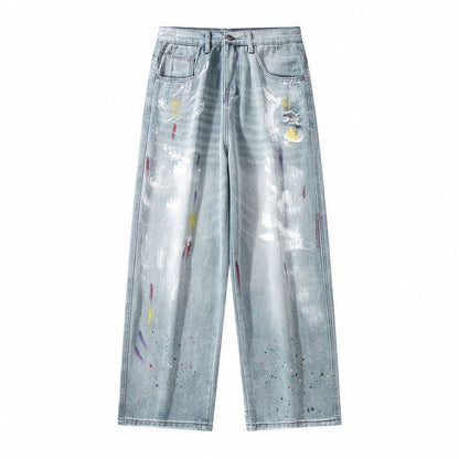 Men's Spring Washed Splatter Ripped Wide Leg Jeans