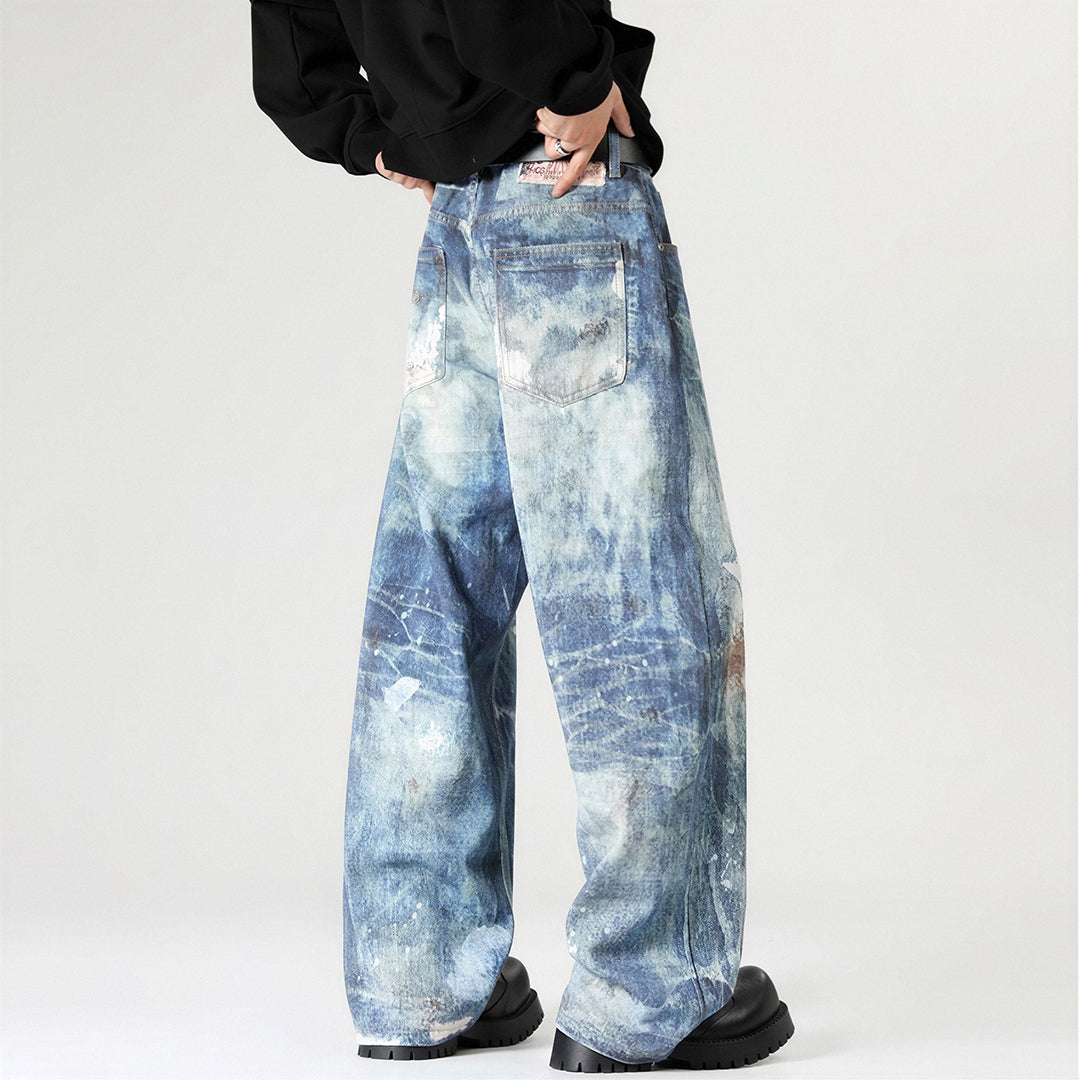 Men's Spring Heavily Washed Splatter Wide Leg Denim Jeans