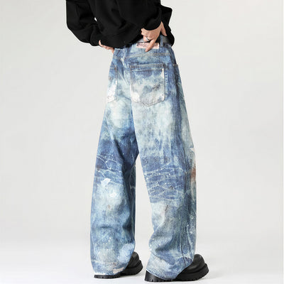 Men's Spring Heavily Washed Splatter Wide Leg Denim Jeans