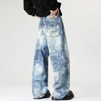 Men's Spring Heavily Washed Splatter Wide Leg Denim Jeans