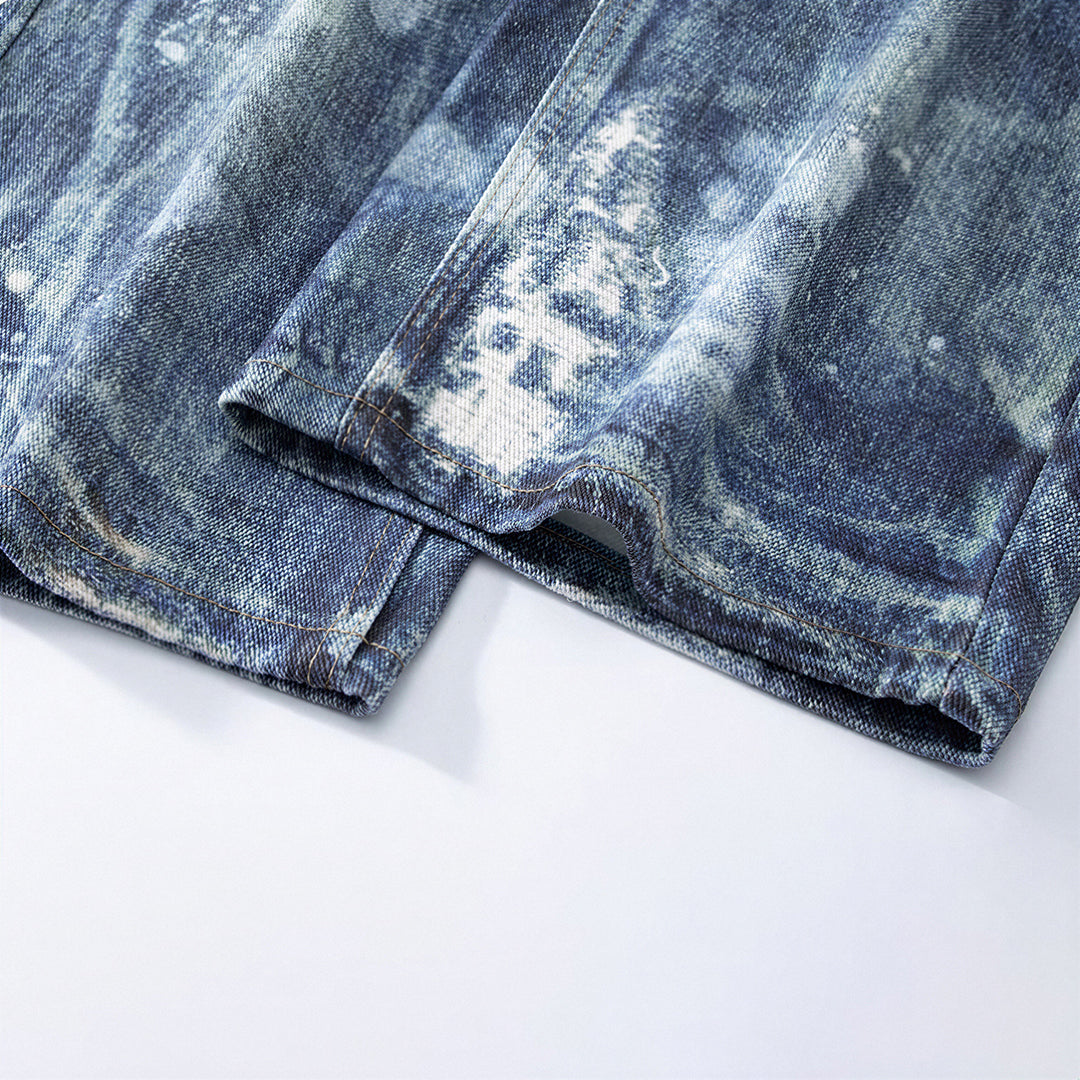 Men's Spring Heavily Washed Splatter Wide Leg Denim Jeans