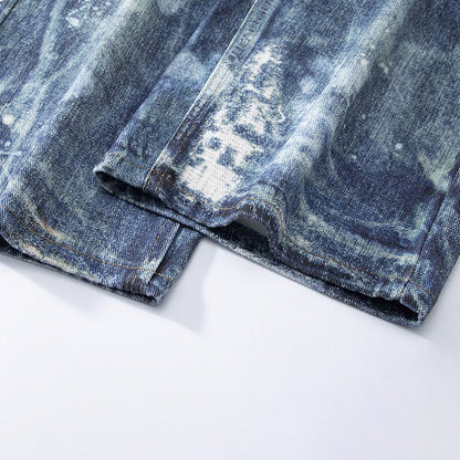 Men's Spring Heavily Washed Splatter Wide Leg Denim Jeans