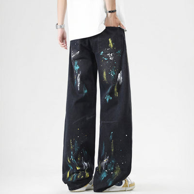 Men's Spring Two-Tone Palm Graffiti Wide Leg Denim Jeans