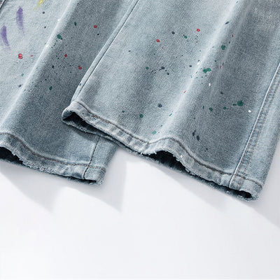 Men's Spring Washed Splatter Ripped Wide Leg Jeans