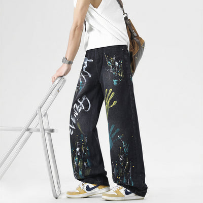 Men's Spring Two-Tone Palm Graffiti Wide Leg Denim Jeans