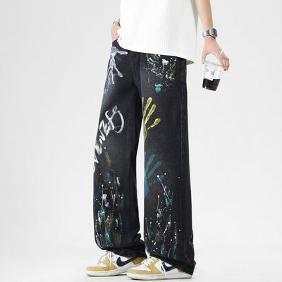 Men's Spring Two-Tone Palm Graffiti Wide Leg Denim Jeans