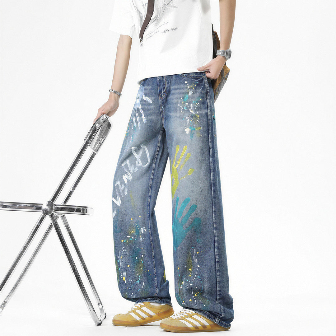 Men's Spring Two-Tone Palm Graffiti Wide Leg Denim Jeans