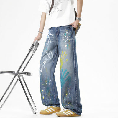 Men's Spring Two-Tone Palm Graffiti Wide Leg Denim Jeans