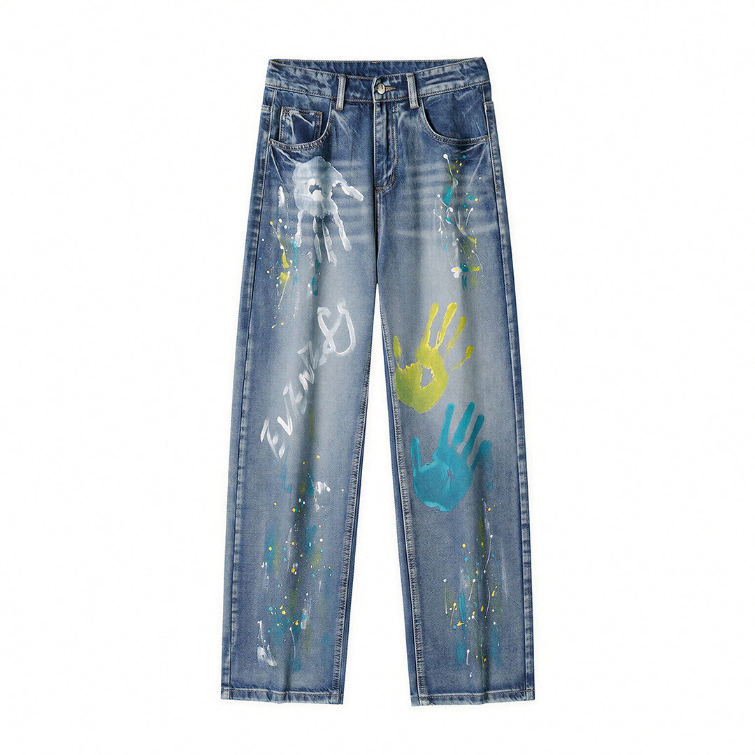 Men's Spring Two-Tone Palm Graffiti Wide Leg Denim Jeans