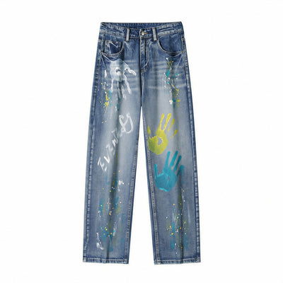Men's Spring Two-Tone Palm Graffiti Wide Leg Denim Jeans