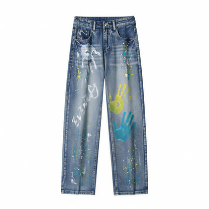 Men's Spring Two-Tone Palm Graffiti Wide Leg Denim Jeans
