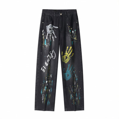 Men's Spring Two-Tone Palm Graffiti Wide Leg Denim Jeans