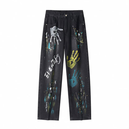 Men's Spring Two-Tone Palm Graffiti Wide Leg Denim Jeans