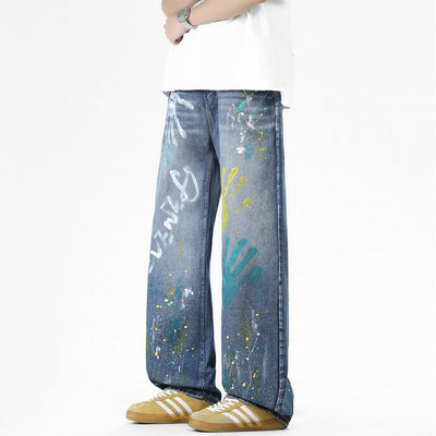 Men's Spring Two-Tone Palm Graffiti Wide Leg Denim Jeans