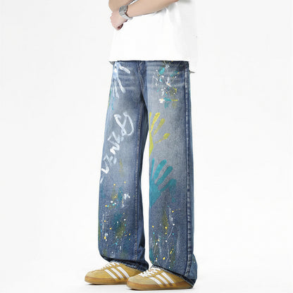 Men's Spring Two-Tone Palm Graffiti Wide Leg Denim Jeans
