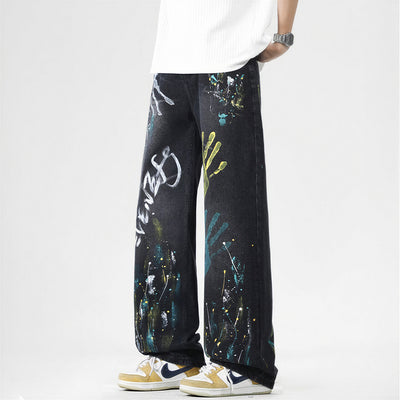 Men's Spring Two-Tone Palm Graffiti Wide Leg Denim Jeans