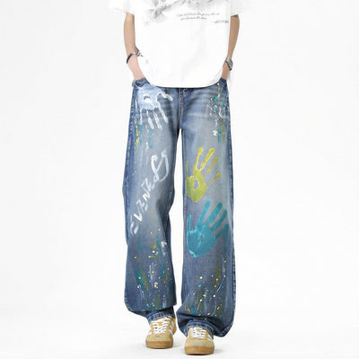 Men's Spring Two-Tone Palm Graffiti Wide Leg Denim Jeans