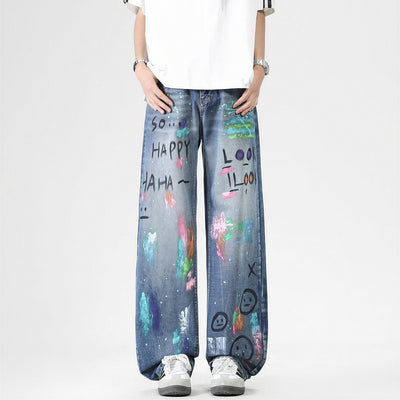 Men's Spring Two-Tone Fun Graffiti Wide Leg Denim Jeans