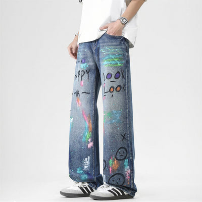 Men's Spring Two-Tone Fun Graffiti Wide Leg Denim Jeans