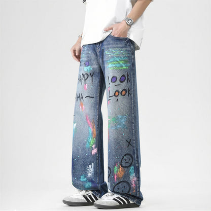 Men's Spring Two-Tone Fun Graffiti Wide Leg Denim Jeans