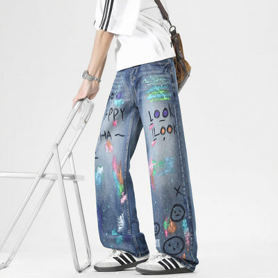 Men's Spring Two-Tone Fun Graffiti Wide Leg Denim Jeans