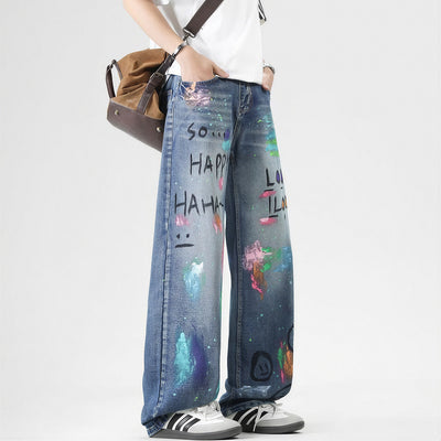 Men's Spring Two-Tone Fun Graffiti Wide Leg Denim Jeans