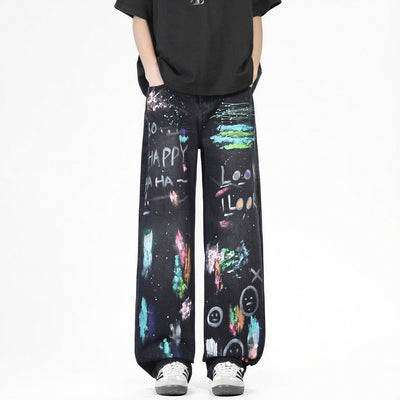 Men's Spring Two-Tone Fun Graffiti Wide Leg Denim Jeans