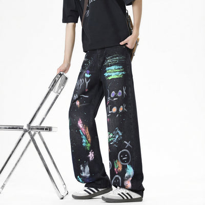 Men's Spring Two-Tone Fun Graffiti Wide Leg Denim Jeans