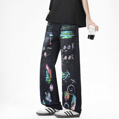 Men's Spring Two-Tone Fun Graffiti Wide Leg Denim Jeans