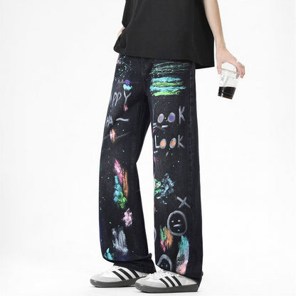 Men's Spring Two-Tone Fun Graffiti Wide Leg Denim Jeans