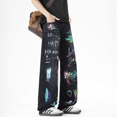 Men's Spring Two-Tone Fun Graffiti Wide Leg Denim Jeans