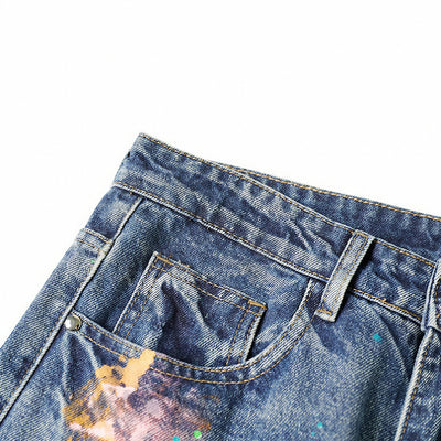 Men's Spring Two-Tone Fun Graffiti Wide Leg Denim Jeans