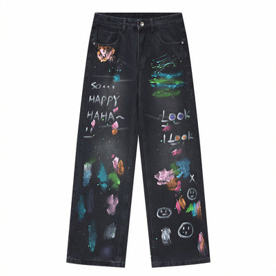 Men's Spring Two-Tone Fun Graffiti Wide Leg Denim Jeans