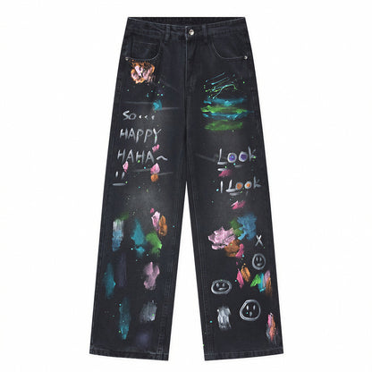 Men's Spring Two-Tone Fun Graffiti Wide Leg Denim Jeans