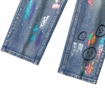 Men's Spring Two-Tone Fun Graffiti Wide Leg Denim Jeans