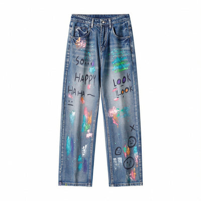 Men's Spring Two-Tone Fun Graffiti Wide Leg Denim Jeans