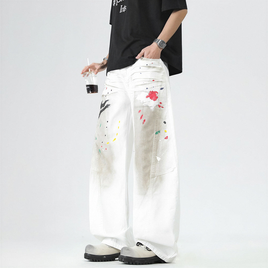 Men's Spring Dirty Wash Splash Ink Wide Leg Denim Jeans