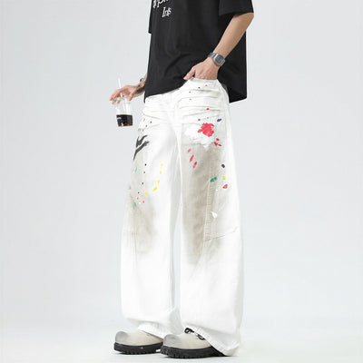 Men's Spring Dirty Wash Splash Ink Wide Leg Denim Jeans
