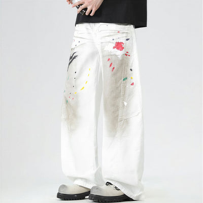 Men's Spring Dirty Wash Splash Ink Wide Leg Denim Jeans