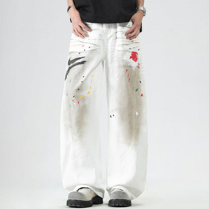 Men's Spring Dirty Wash Splash Ink Wide Leg Denim Jeans