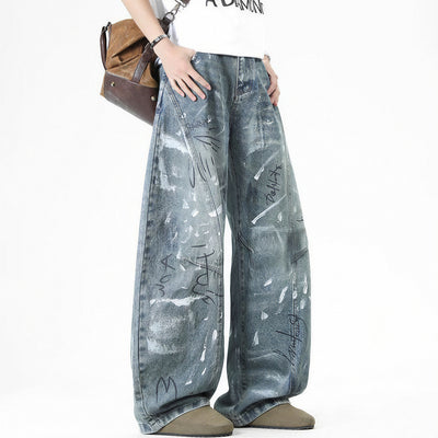 Men's Spring Graffiti Barrel Baggy Wide Leg Denim Jeans