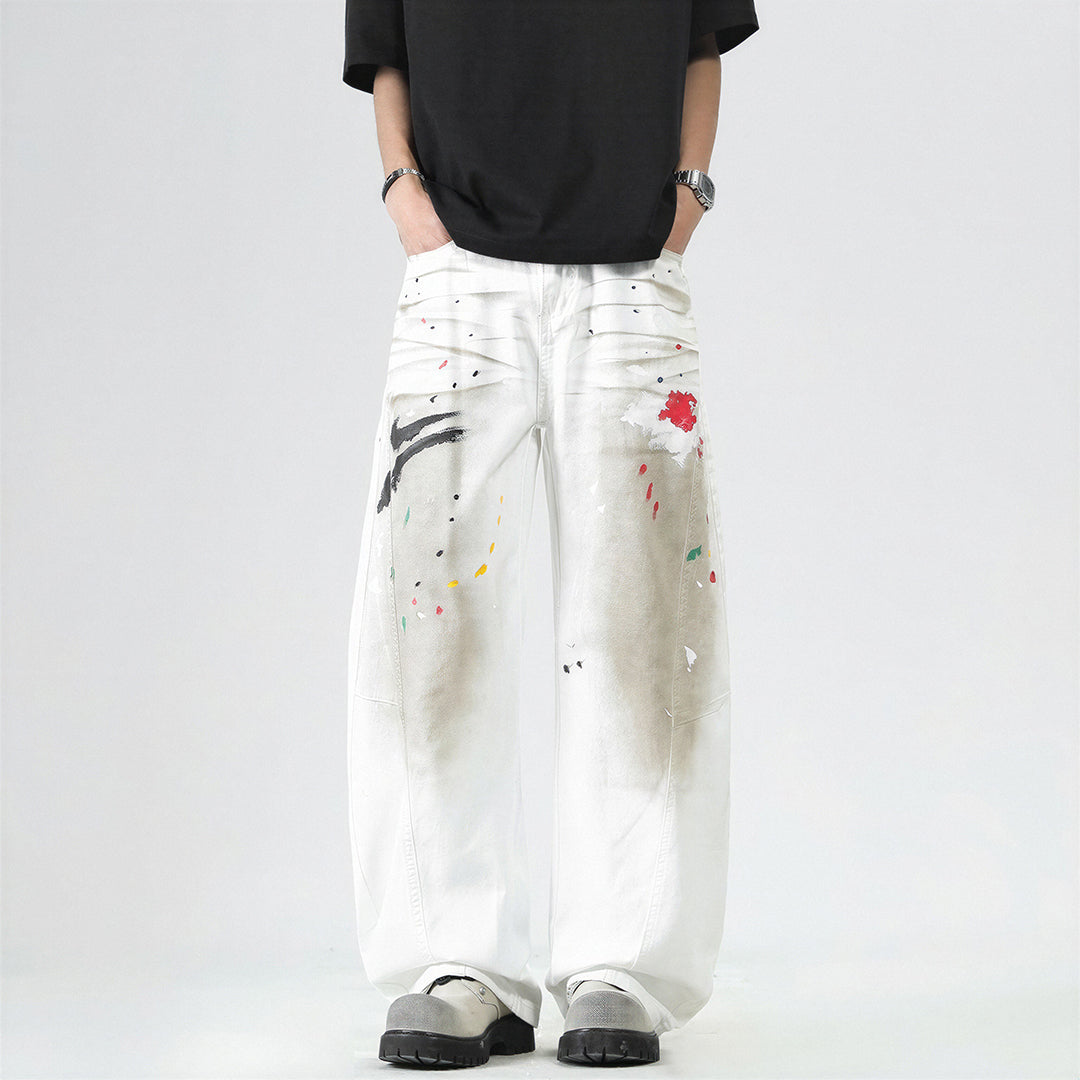 Men's Spring Dirty Wash Splash Ink Wide Leg Denim Jeans