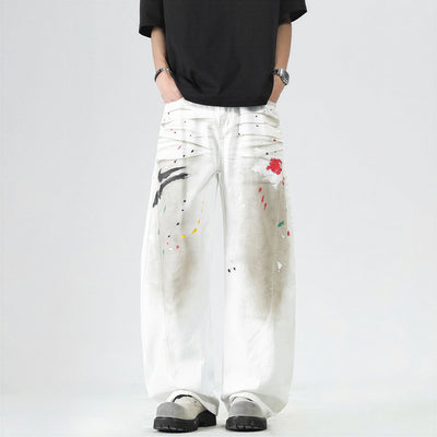 Men's Spring Dirty Wash Splash Ink Wide Leg Denim Jeans