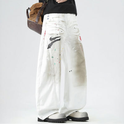 Men's Spring Dirty Wash Splash Ink Wide Leg Denim Jeans