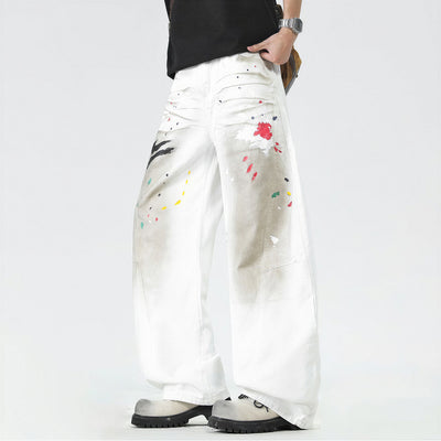 Men's Spring Dirty Wash Splash Ink Wide Leg Denim Jeans
