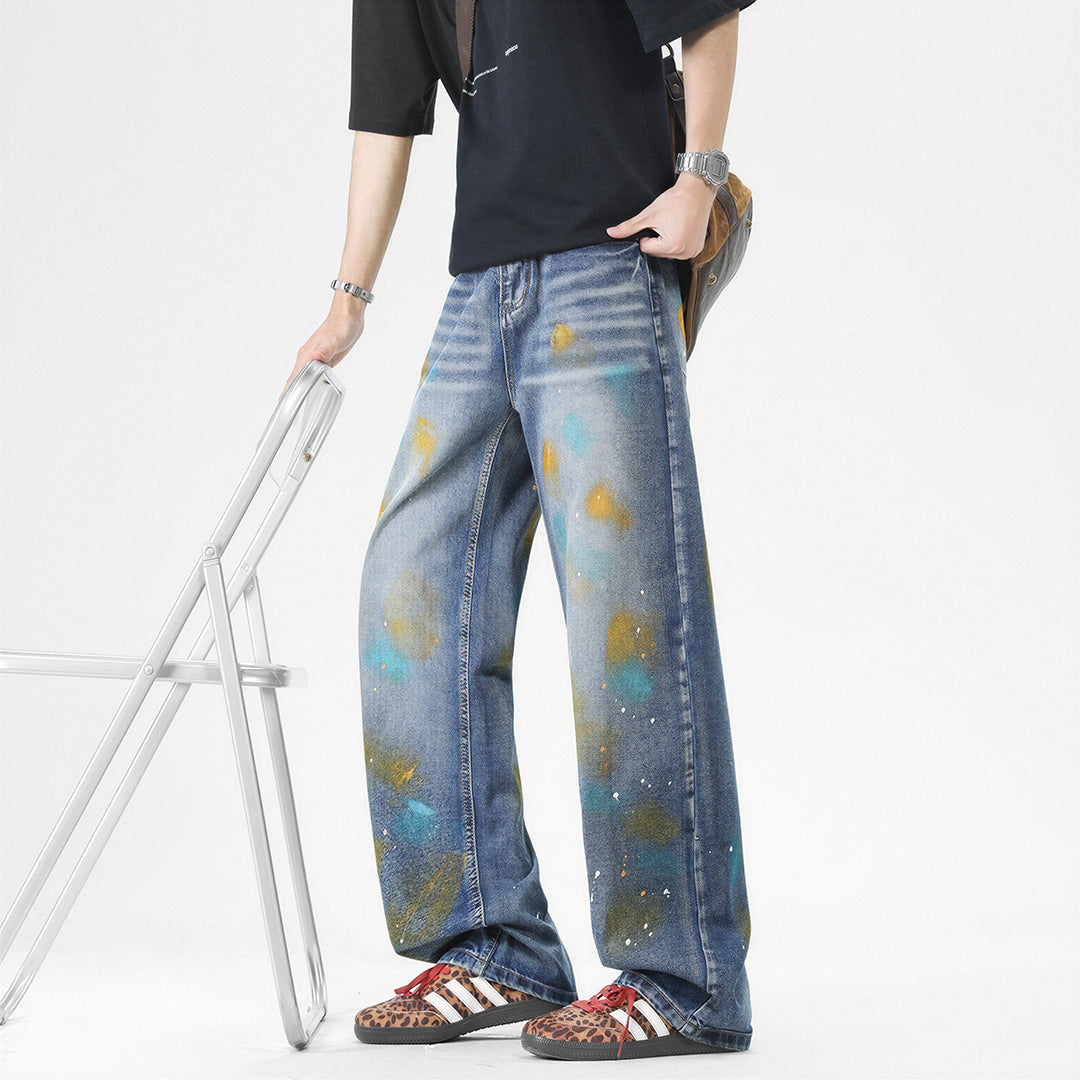 Men's Spring Color Splash Ink Washed Baggy Denim Jeans