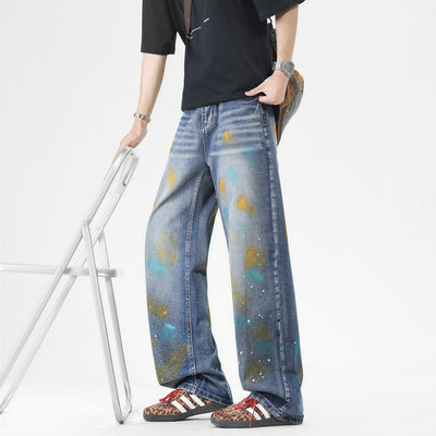 Men's Spring Color Splash Ink Washed Baggy Denim Jeans